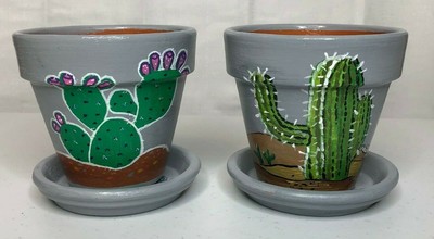 Terracotta Clay Cactus Painted Pots Artisan Hand Painted 4 Planter Garden Ebay
