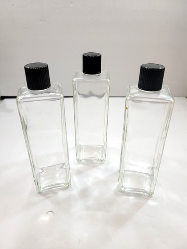 3 Empty Clear Square Glass Bottles w/Black Ribbed Caps 7" Tall