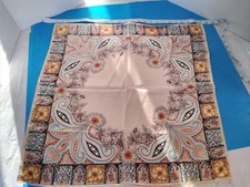 Scarf Silk Feeling Polyester Gold Cream Pale Blue Floral 23/23" Square Scarf