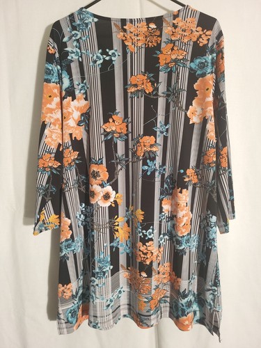 Chicos-Black White Green Peach Floral Striped 3/4 Sleeve Knit Top Tunic-3 XL - Picture 5 of 6