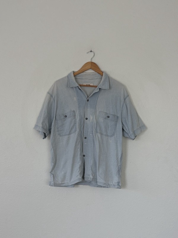 Buck Mason Cotton Summer Shirt Blue Used Bleach Stain Mens Large Button Up