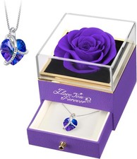 EleShow Preserved Real Purple Rose with Heart Necklace, Eternal Flowers Gifts fo
