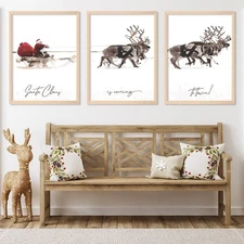AnyDesign 3Pcs Christmas Wall Art Prints 12x16in Santa Claus Reindeer with Sl...