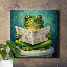 Funny Frog on Toilet Reading Amphibian Framed Canvas Wall Art
