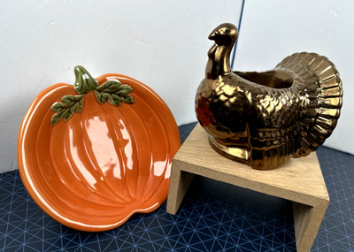 Pampered Chef Pumpkin 6'' Dish #2082 & Bath & Body Works Turkey Candle Holder