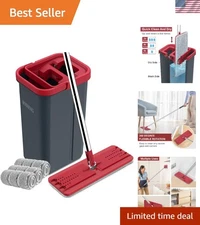 Hands-Free Mop & Bucket Set with 3 Microfiber Pads - Red & Black, Space-Saving