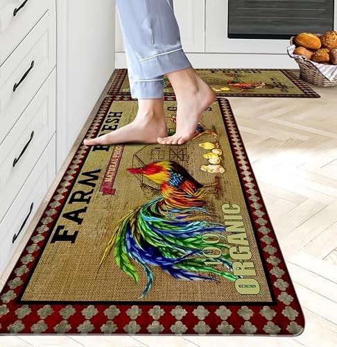 Rooster Kitchen Rugs Anti Fatigue Non Slip Waterproof Cushioned Kitchen Mats
