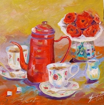 Teeservice -  Art from Bernhard Gerner on wooden board 30 X 30 cm - Unikat 