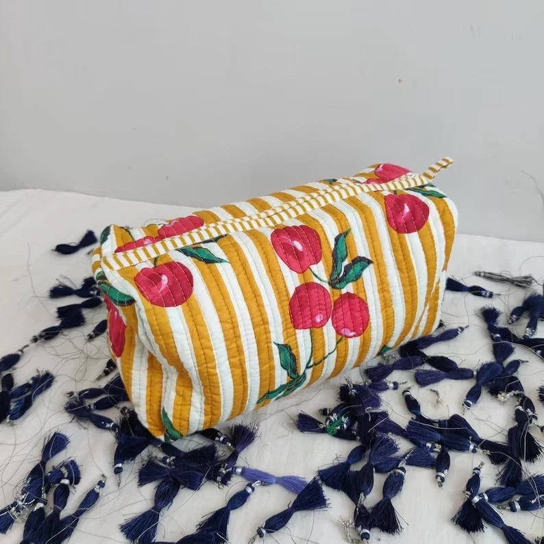Indian Yellow Striped Cotton Quilted Toiletry Purse Cosmetic Storage Bag Of 3 Pc