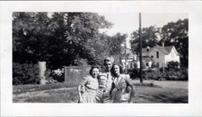 WW2 Photo of Army Soldier with Two Women Arm in Arm in Yard