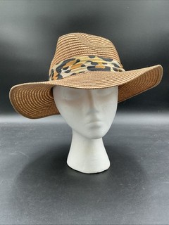 Women's 100% Paper Straw Sun Hat Stylish Fedora with Chic Leopard Print Band