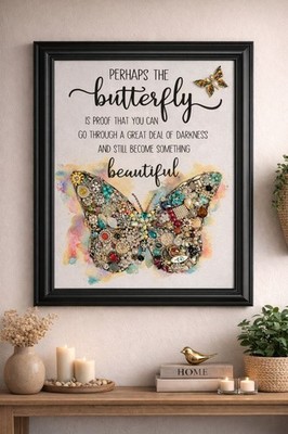 Designs By Betty Signed Butterfly Jewelry Art Quote Framed Collage 14'' X 17''