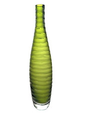 Vintage Green Art Glass Bud Vase 12" Textured Frosted Striped Tall Olive Bottle