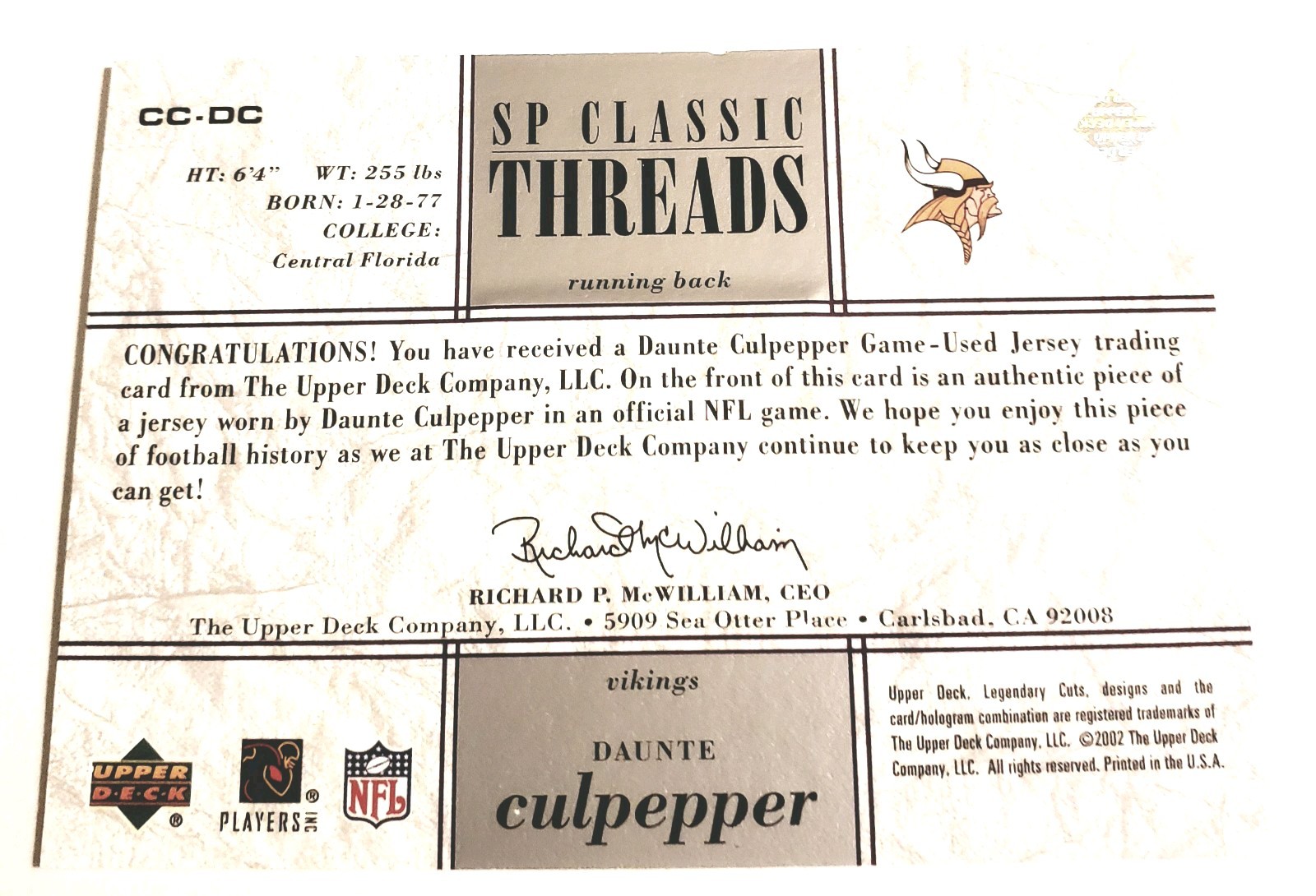 2002 SP Legendary Cuts Classic Threads Daunte Culpepper Game-Used Jersey #CC-DC view 2
