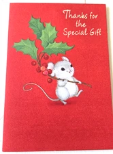 Vintage Christmas Card Thanks for the Special Gift Cute Mouse with Holly Berries
