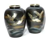 Vintage Japan Etched Mixed Metal Vases Enamel Crane Bird Set 2