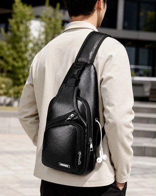 Black Chest Crossbody Bag Sling Backpack for Men with USB Charge Port