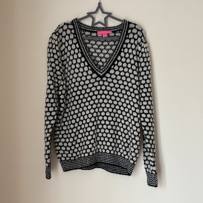 Lilly Pulitzer Pullover Gr. L schwarz creme Wabenstrick V-Ausschnitt Grobstrickpullover