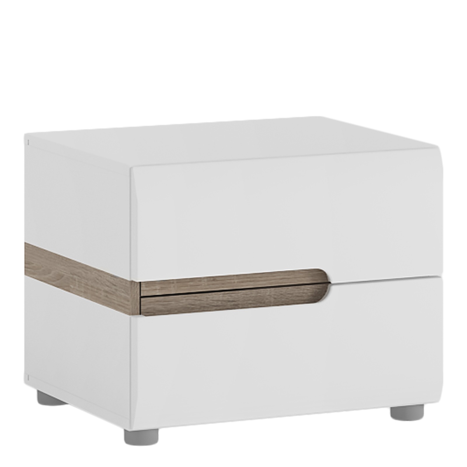 White Gloss Bedside Table - 2 Drawer Oak Trim Nightstand with Soft Close