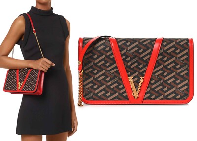 Versace Virtus La Greca Women's Coated Canvas Leather Shoulder Bag Black Caramel