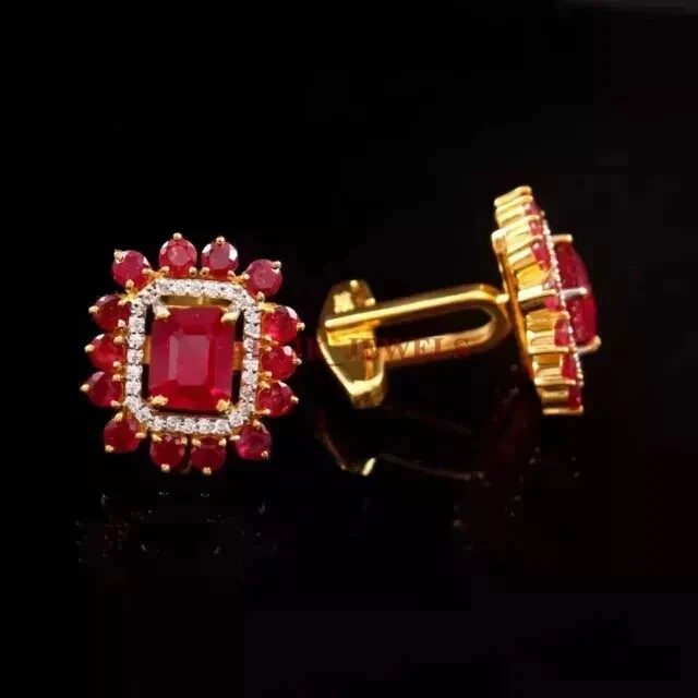 4Ct Radiant Lab Created Pink Ruby Diamond Men's Cufflinks 14K Yellow Gold Plated - Image 3 of 4