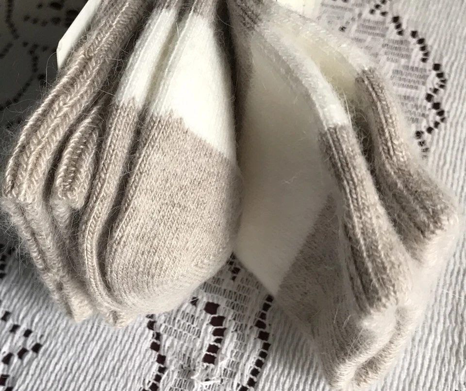 Women’s Elena Solano Luxury Crew Socks Angora Bl - 2 Pairs Tan/Ivory Stripes New - Image 4 of 4