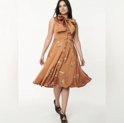 Unique Vintage NWT Rust & Leopard Cat Print Swing Dress - Size X Large