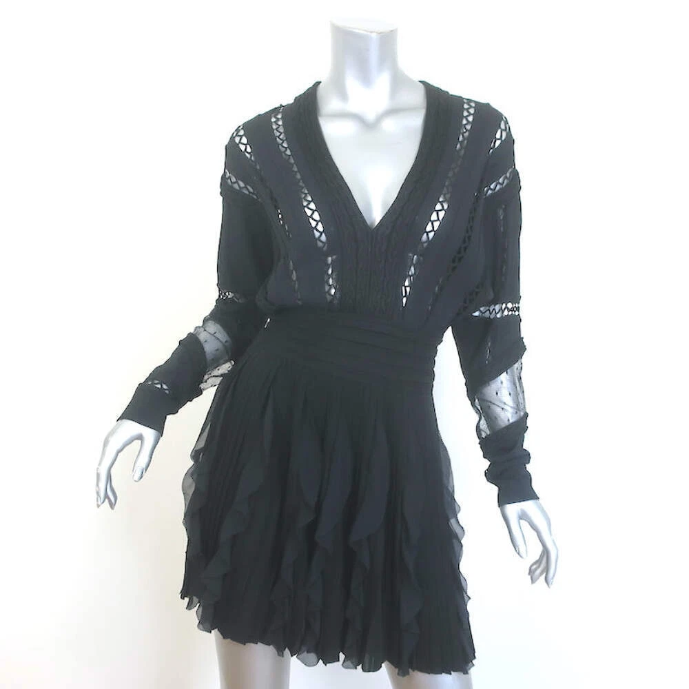 Givenchy Mini Abito Aperto Maglia Orlo Increspato Nero Maglia Elasticizzata Taglia Extra Small