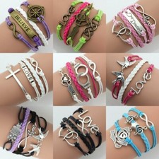 Moda Love Infinity Wish Doble Corazón Dijes Cuero Amistad Pulsera