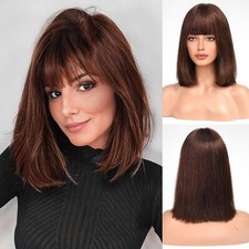 Auburn Brown 12 Inch Bob Wig with Bangs 100 Human Hair for Women Daily