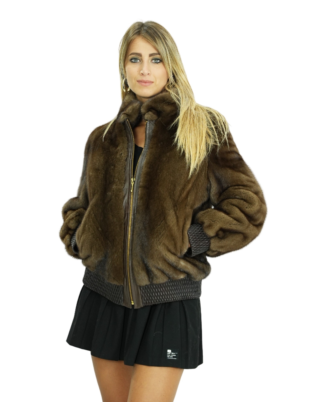 Brown mink fur bomber jacket with full skin and elastic cuffs-image