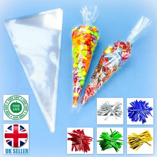 CLEAR CELLO CONE LARGE BAGS SWEET TREAT CANDY KID PARTY FAVOUR CELLOPHANE + TIES - Picture 13 of 51