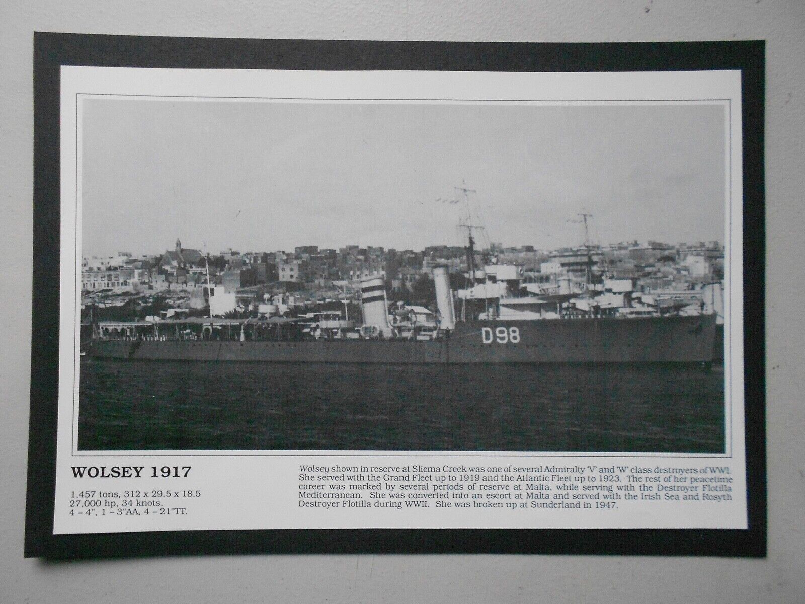 VINTAGE NAVAL  PRINT- HMS WOLSEY D98 WWI DESTROYER MALTA HARBOUR