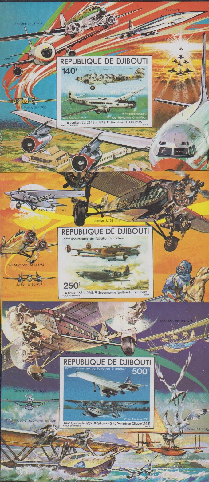 Djibouti MNH Sc C124-26  IMPERF  S/S Mi Bk 6-8B Value  40 Euro  Airplanes