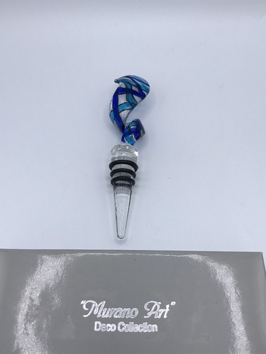 Murano Art Glass Wine Bottle Stopper Turquoise Blue Clear with Satin Lined Box - Bild 3 von 8