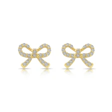 14K Real Solid Yellow Gold Dainty Ribbon Bow CZ Sleeper Stud Earrings Screw-back