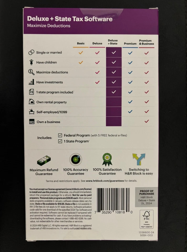 2024 NEW H&R Block Tax Software Deluxe + State 2024 PC/Mac Key Card DL/ No CD - Image 2 of 2