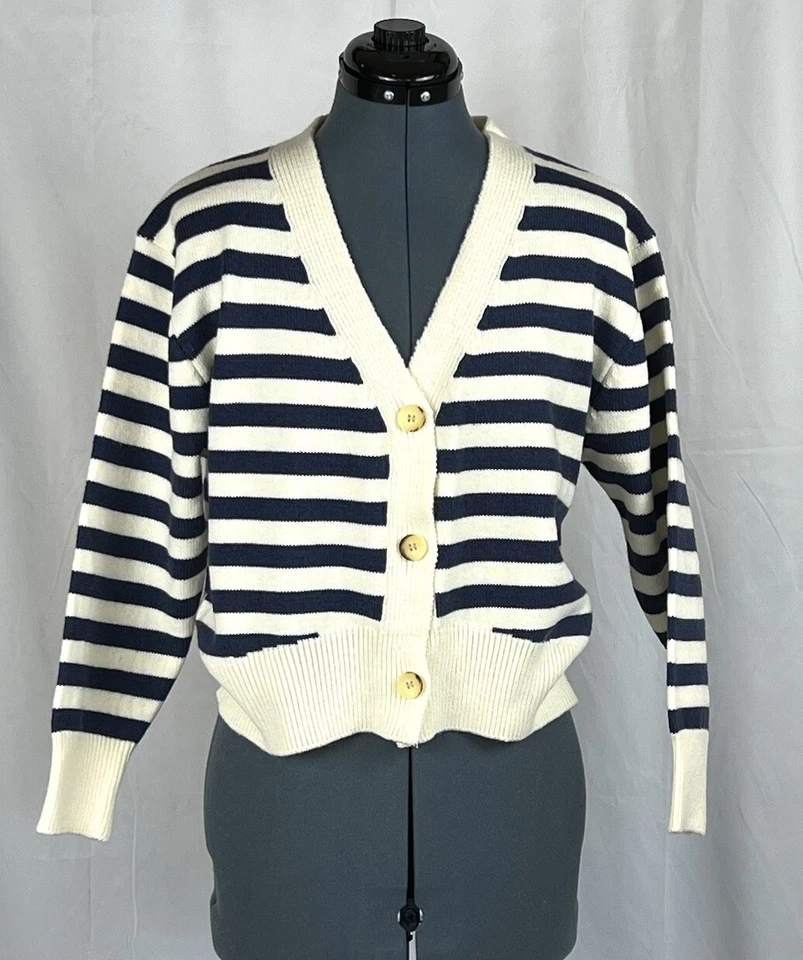 Cárdigan corto a rayas azul/marfil, talla única 25