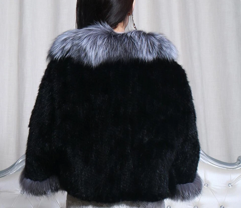 Casaco cachecol xale estola gola raposa prata pele de vison malha preta 100% real - Imagem 4 de 4