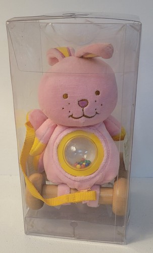 New Open Box Stephan Baby "Bunnie Pull Toy" Plush with Wooden Wheels Rattle - 第 1/8 張圖片