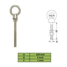 3/8 Inch x 6 Inch Stainless Steel Marine Shoulder Eye Bolt WLL 1,000 Pounds