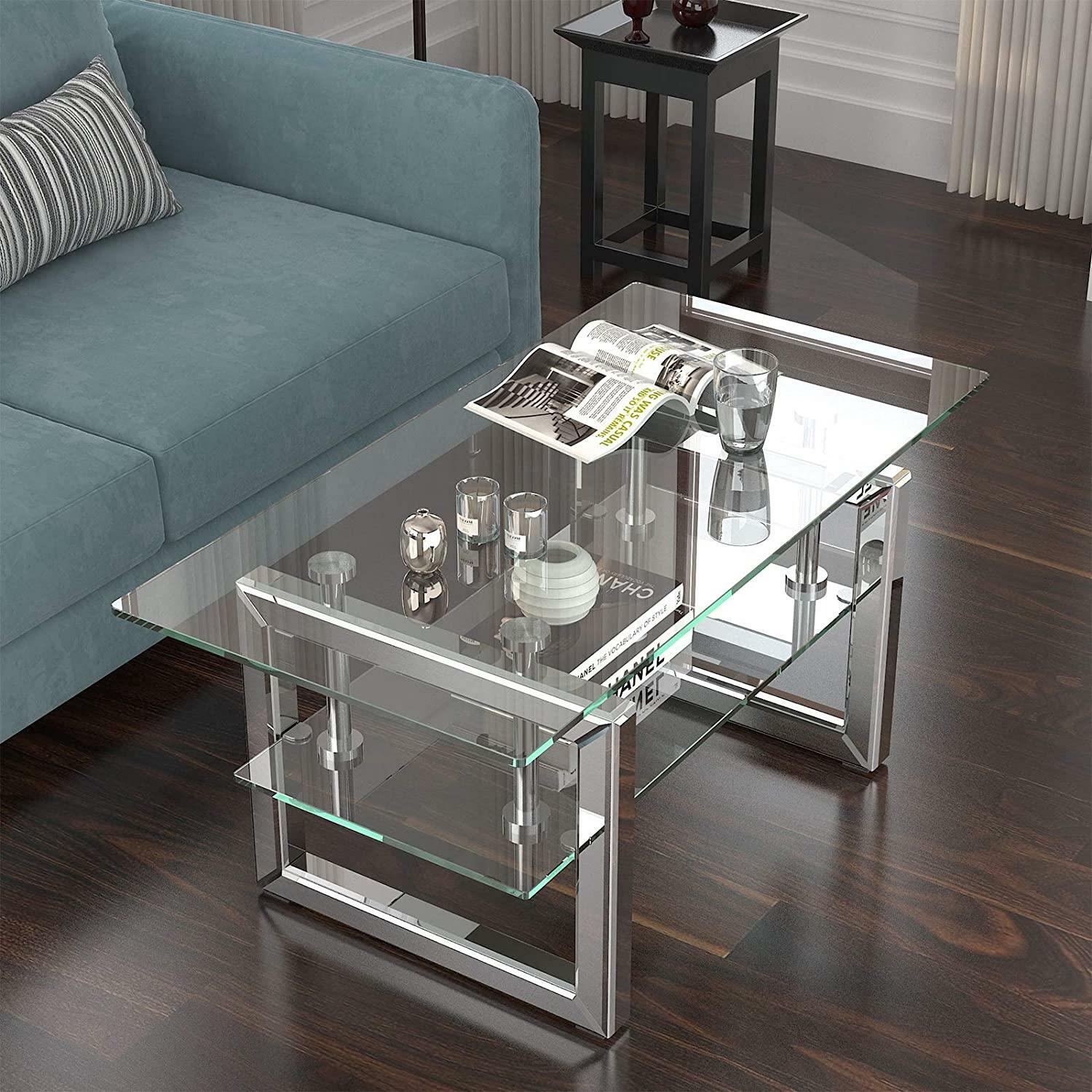 Mirrored Coffee Table with 2 Tier Glass Boards Rectangle Glass End Table Home