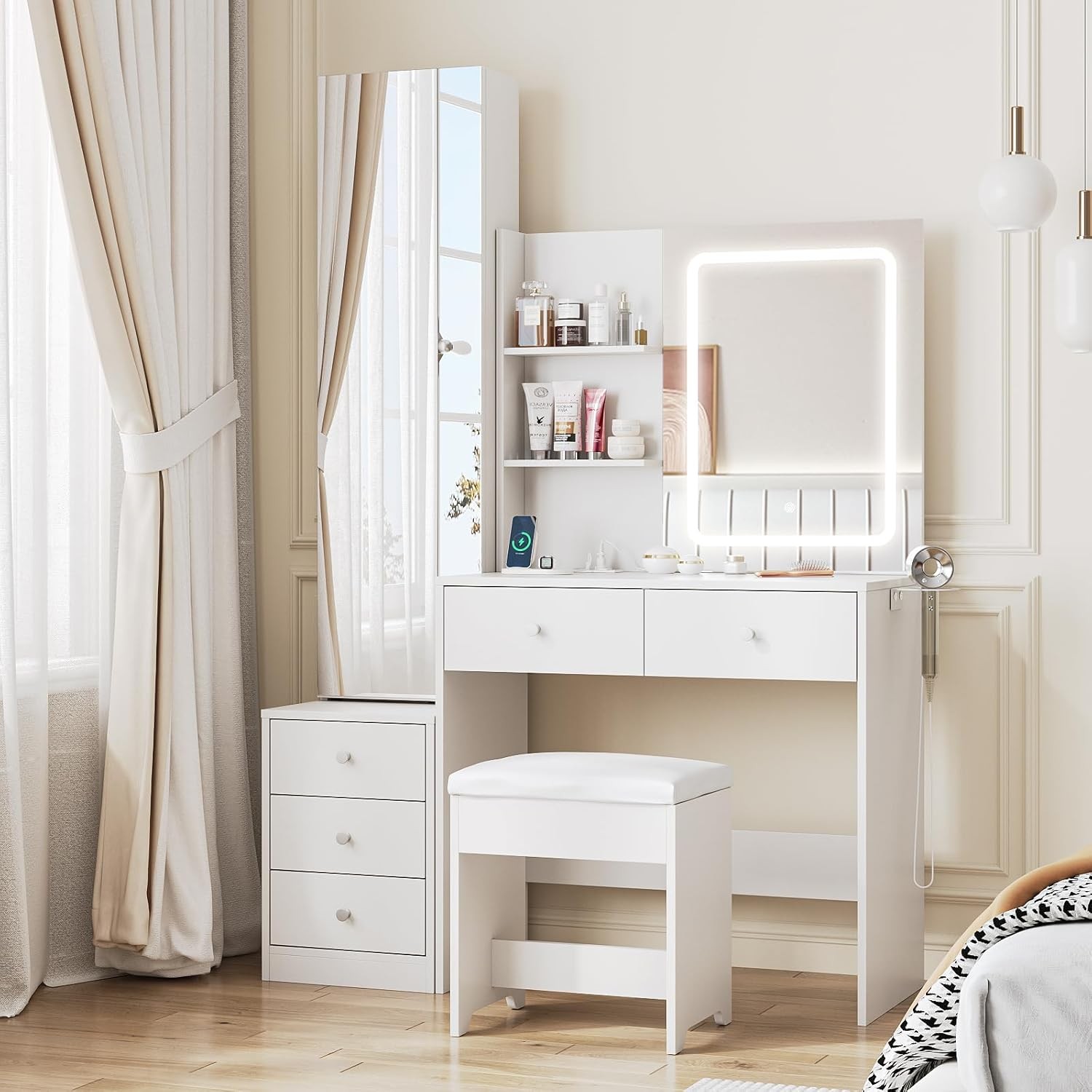 Vanity Desk with Full-Length Mirror & LED Lights, Makeup Dressing Table with Stool & Storage