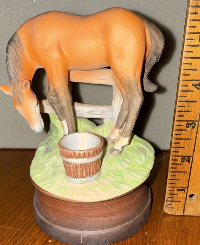Porcelain Horse Figurine on Base with Fence and Water Bucket