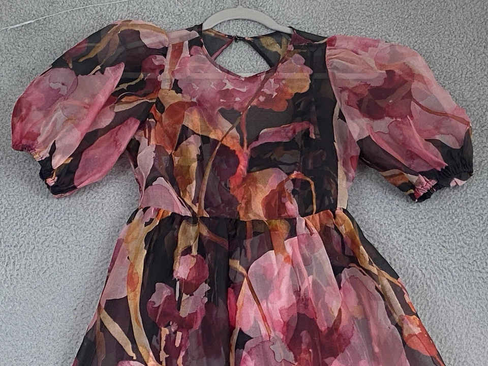 NEW Anthropologie Puff-Sleeve Organza Midi Dress Size XS Silk Floral Backless - Image 3 of 4