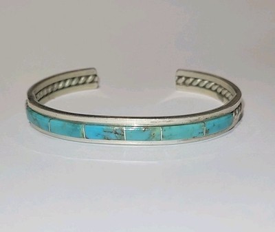 Seltene! Joan Douglas Navajo Armreif Aus Sterling Silber Mit Kingman Türkis