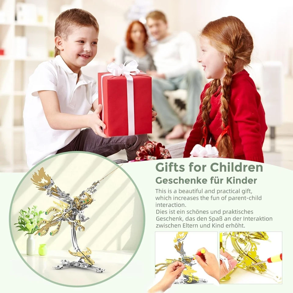 LONGPIN Fenice in metallo 3D, bicolore oro-argento, modello meccanico - Immagine 3 di 4