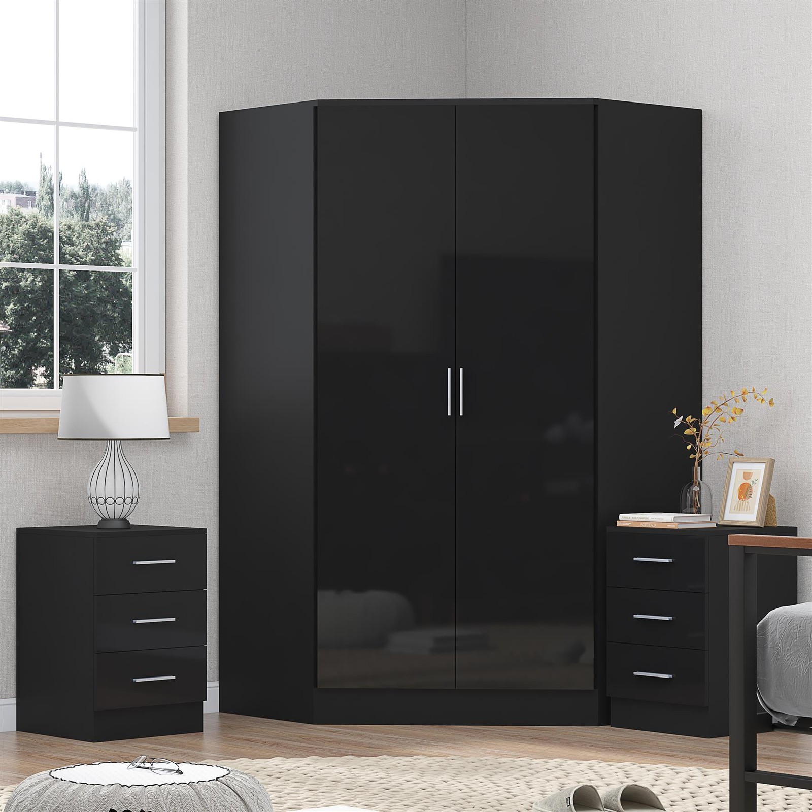 REFLECT Bundle- 2 Door Corner + 2x 3 Drawer Bedsides - Black Gloss / Black Matt