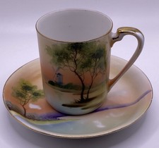 Antique Noritake Tea Cup and Saucer  Hand Painted Orange Sunset Lake Scenery 