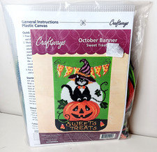Craftways Halloween Fall Pumpkin JOL Black Cat Plastic Canvas Banner Kit SEALED